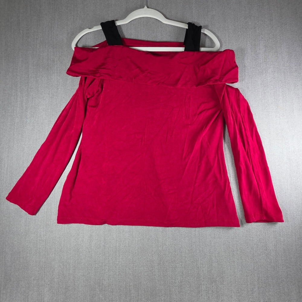 Travelers by Chicos Cold Shoulder Top Women Size M Red Black Ribbed Knit Blouse